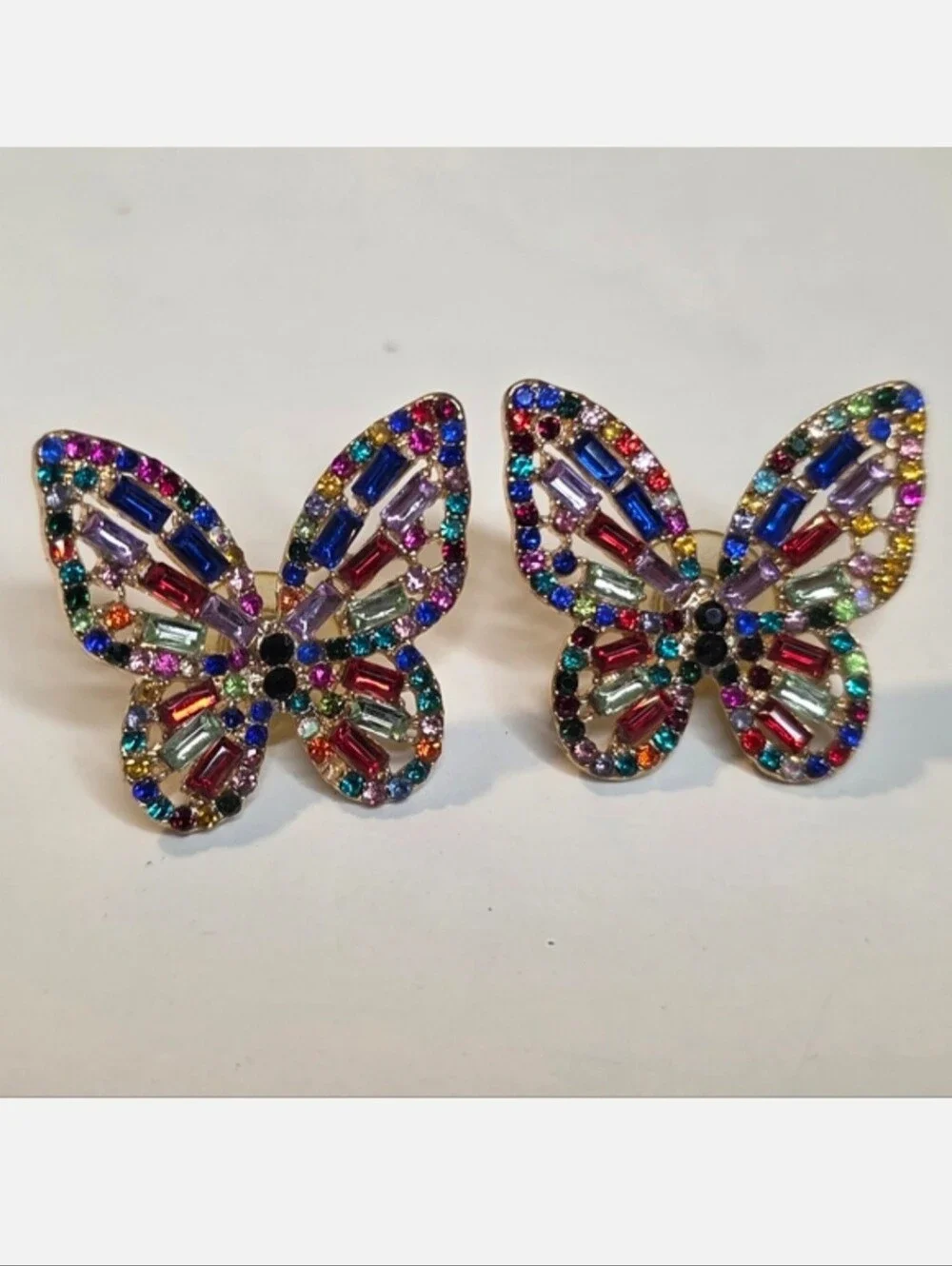 Butterfly Earrings Large Colorful Multicolor Crystal Encrusted Fashion Jewelry - Picture 4 of 6